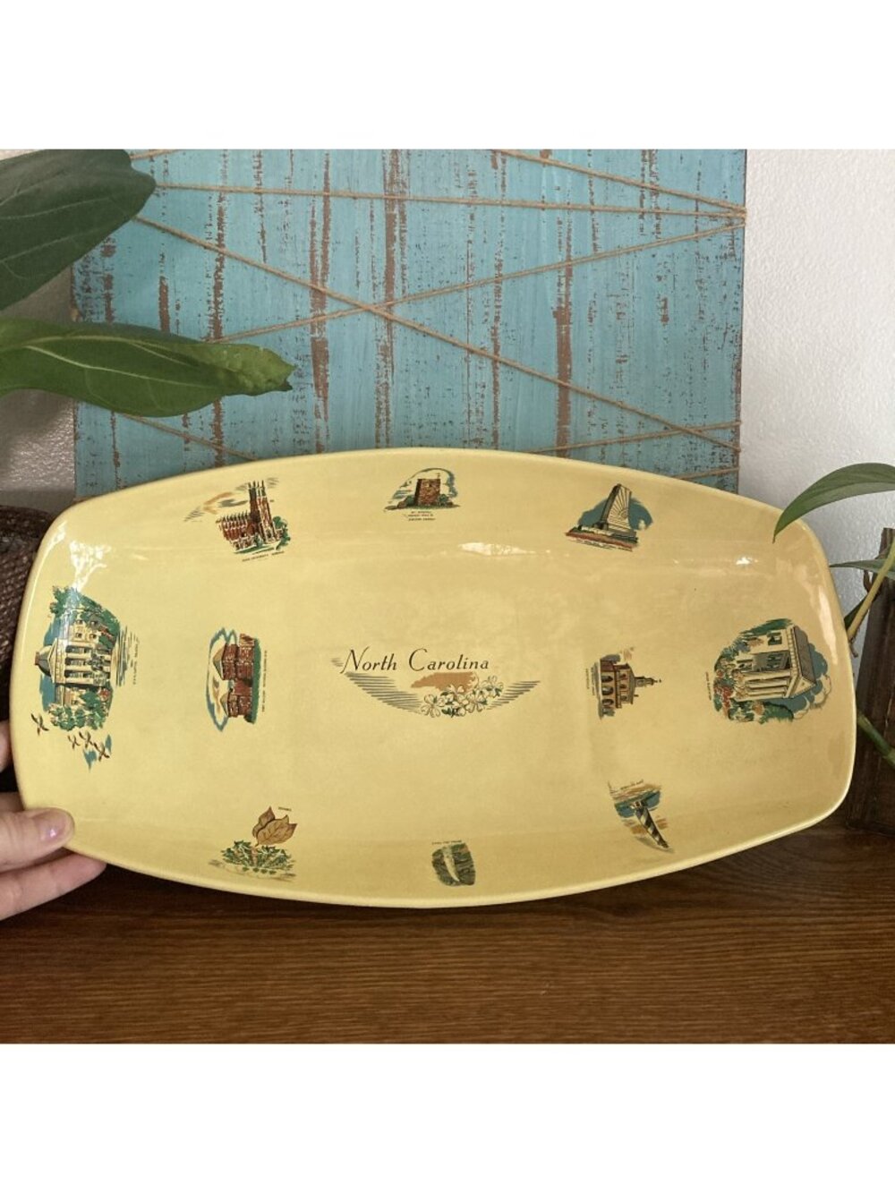 VTG 15x8x3" MCM Yellow Fruit Bowl Footed North Carolina Landmarks Transfer Ware